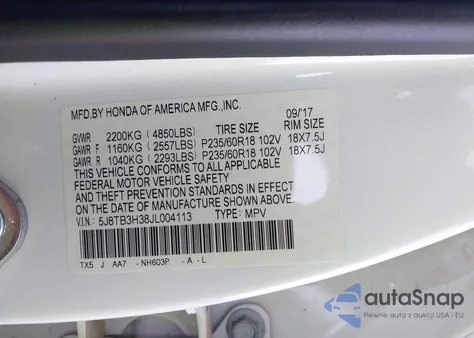 2018 Acura Rdx Acurawatch Plus Package z USA, uszkodzony, nr VIN 5J8TB3H38JL004113
